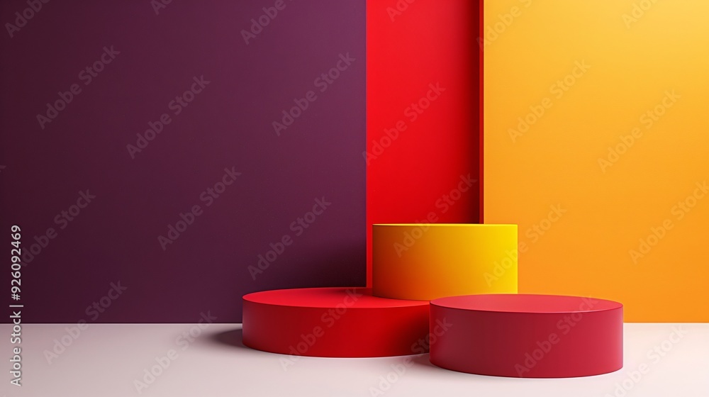 3D product podium background in red, yellow, dark purple on white floor, abstract minimal design 3D product podium background in red, yellow, dark purple on white floor, abstract minimal design