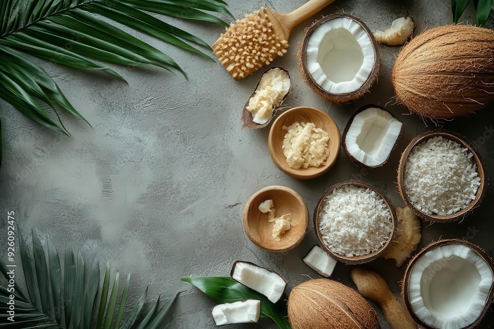 overhead view of various coconut products artfully arranged on a concrete surface showcasing versatility and natural textures with ample negative space overhead view of various coconut products artfully arranged on a concrete surface showcasing versatility and natural textures with ample negative space