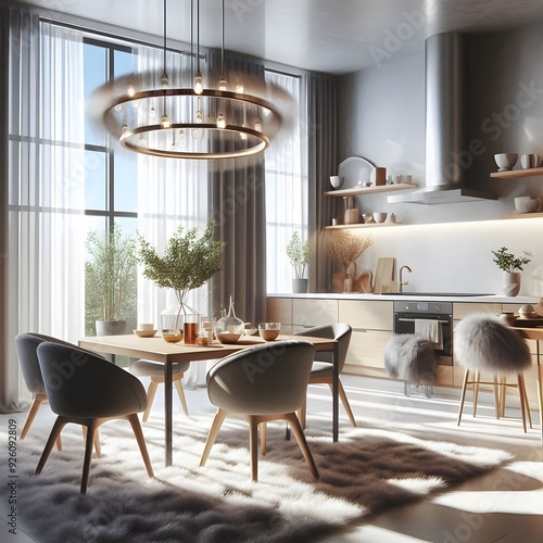 Modern Kitchen and Dining Room Interior with Large Window and Fur Rug