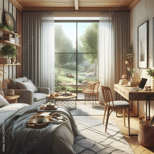 Cozy Bedroom with Large Window and View of Green Landscape