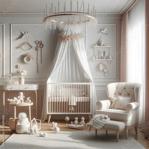 Elegant Nursery with Canopy Bed and Plush Armchair