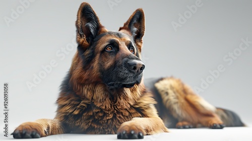 a German Shepherd puppy resting on a white backdrop, fixating its gaze on the copy space, ideal for showcasing pet products or services. photo