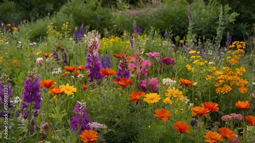 Wildflower Garden. Various types of wildflowers in full bloom creating a colorful and natural garden setting surrounded by lush greenery. Vibrant Style photo