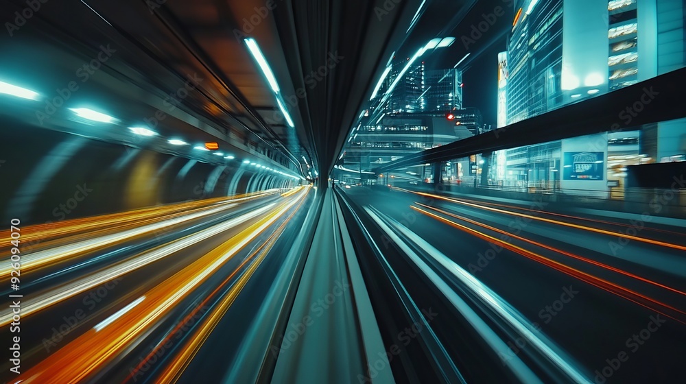 Motion time of a high-speed night drive through a big city, ending in an underground parking garage. The side view from the car window shows light trails from vehicles and street lights. Motion time of a high-speed night drive through a big city, ending in an underground parking garage. The side view from the car window shows light trails from vehicles and street lights.