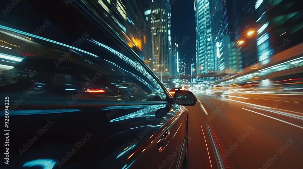 Fototapeta premium Motion time of a high-speed night drive through a big city, ending in an underground parking garage. The side view from the car window shows light trails from vehicles and street lights. 