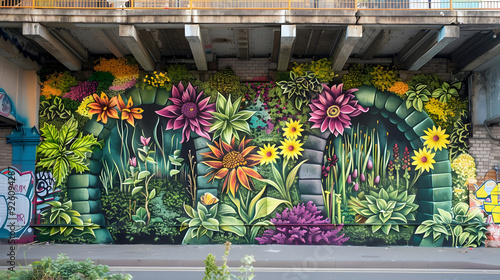 Vibrant Garden Mural Underneath a Concrete Bridge