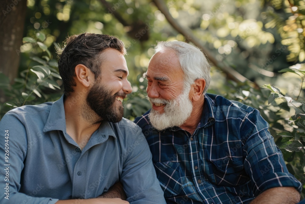 Happy moment shared between an elderly man and a younger man. They are smiling in deep connection. Outdoor setting with a natural background. Lifestyle photo. Generative AI Happy moment shared between an elderly man and a younger man. They are smiling in deep connection. Outdoor setting with a natural background. Lifestyle photo. Generative AI