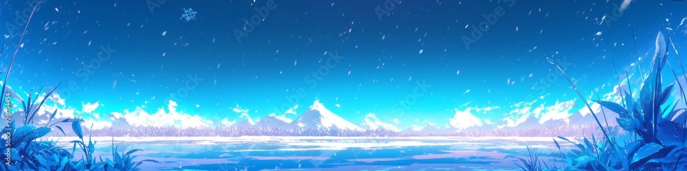 Fototapeta premium Enchanting Winter Wonderland: Romantic Snowscape with Delicate Snowflakes and Ice Crystals. Vibrant Blue Sky over Frozen Landscape in Anime Style. Perfect for 4K Wallpapers, UI Design, and Seasonal Ma