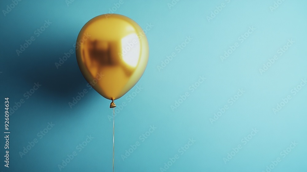Obraz premium A single golden balloon hangs delicately against a serene blue backdrop, embodying a sense of celebration and lightness