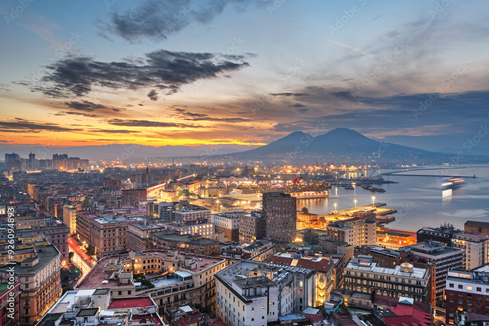 Obraz premium Naples, Italy city skyline overlooking the port towards Vesuvius