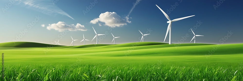 modern turbines, lush green fields, and clear blue sky, creating a clean and sustainable energy theme. modern turbines, lush green fields, and clear blue sky, creating a clean and sustainable energy theme.