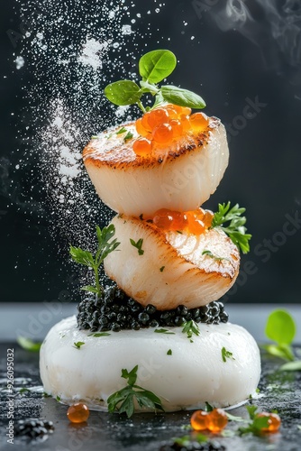Fototapeta Naklejka Na Ścianę i Meble -  Culinary Artistry: Deconstructed Seared Scallops with Caviar and Foam Suspended in Mid-Air on Dark Background, Generative Ai