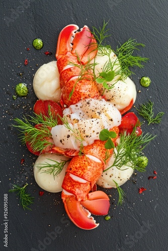 Gastronomic Delight - Truffle Butter Poached Lobster Deconstructed with Elegant Presentation on Dark Background, Generative Ai photo