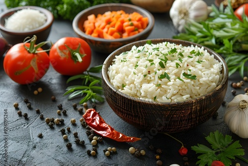 Healthy Vegan Cuisine: Fresh Tomatoes, Cooked Rice, and Diced Carrots for Nutritional Meal Planning