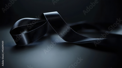 Black support ribbon on dark background banner with copy space. Funeral concept.