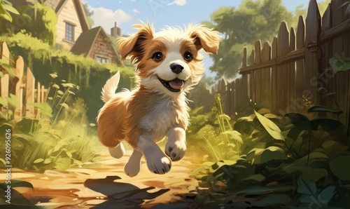 A playful puppy chasing its tail in a sunny backyard illustration