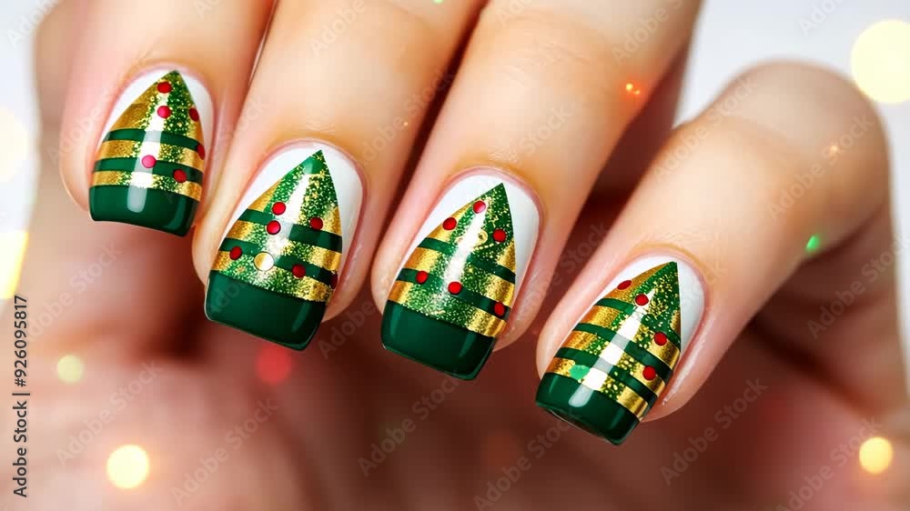 Christmas creative luxury beautiful woman nail art close up, golden Christmas tree on green polish decorated with shiny gold glitter design for celebrated in holiday. Christmas creative luxury beautiful woman nail art close up, golden Christmas tree on green polish decorated with shiny gold glitter design for celebrated in holiday.