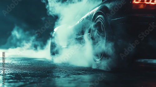 Black car with smoke and water droplets on the side  on the wet asphalt  rear wheel and red taillight.