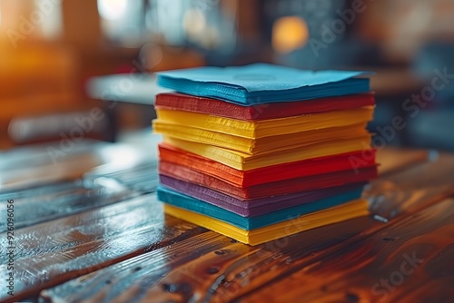 Colorful Stacked Napkins on Rustic Wooden Table - Vibrant Decorative Party Supplies photo