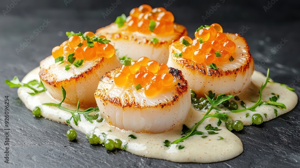 Gastronomic Delight - Deconstructed Seared Scallops with Caviar and Beurre Blanc on Dark Background, Generative Ai Gastronomic Delight - Deconstructed Seared Scallops with Caviar and Beurre Blanc on Dark Background, Generative Ai