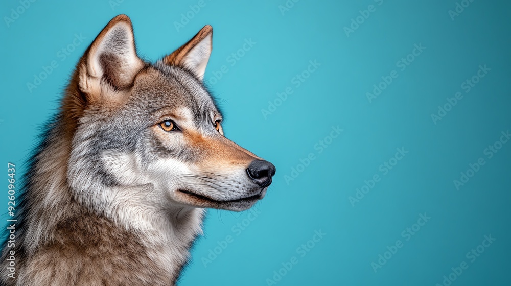 A close-up portrait of a wolf against a vibrant turquoise background, showcasing its keen eyes and majestic fur. A close-up portrait of a wolf against a vibrant turquoise background, showcasing its keen eyes and majestic fur.