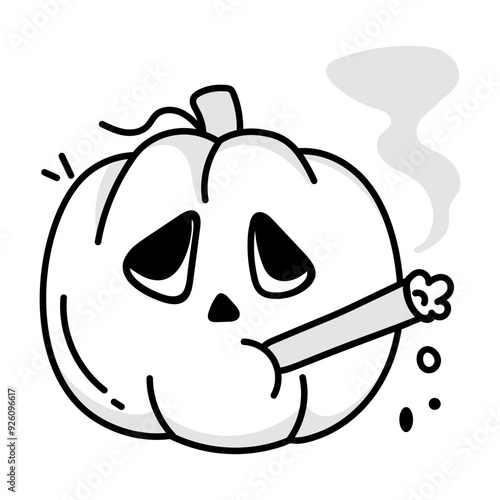 Pumpkin smoking icon in doodle style

