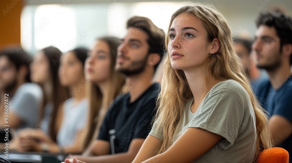 08080717 76 A group of students sits in a well-lit classroom, listening to their professor who is standing at a podium and speaking 08080717 76 A group of students sits in a well-lit classroom, listening to their professor who is standing at a podium and speaking