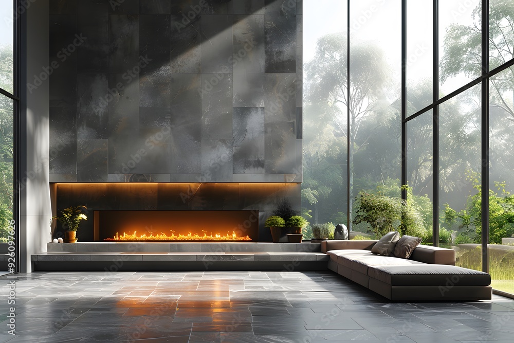 Luxurious Modern Living Room with Fireplace and Large Windows Overlooking Nature Luxurious Modern Living Room with Fireplace and Large Windows Overlooking Nature