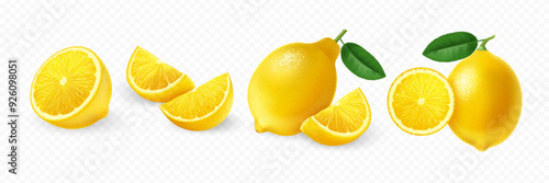 Realistic lemon fruits. Set of whole, slice, piece of lemon with green leaves isolated on transparent background. Fresh, juicy, ripe citrus collection.