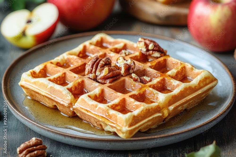 A golden waffle with pecans and syrup. Perfect for a sweet and satisfying breakfast. A golden waffle with pecans and syrup. Perfect for a sweet and satisfying breakfast.