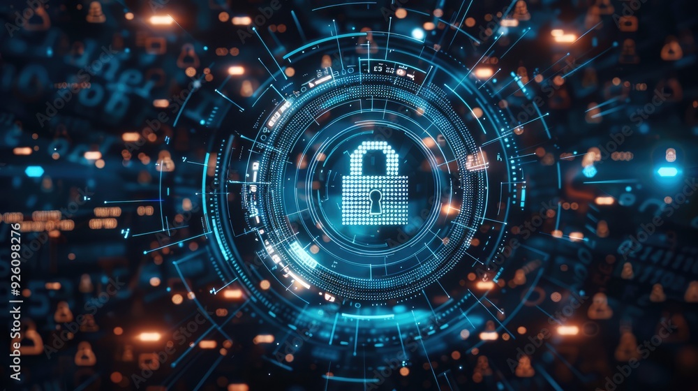Digital background featuring pixelated padlock and data protection symbols on a blue digital screen, written in the center of a circular frame. A perfect symmetrical composition. Generative AI. Digital background featuring pixelated padlock and data protection symbols on a blue digital screen, written in the center of a circular frame. A perfect symmetrical composition. Generative AI.