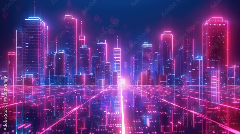 Wireframe digital cityscape with glowing neon elements. Generative AI. Wireframe digital cityscape with glowing neon elements. Generative AI.