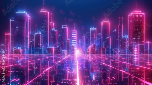 Wireframe digital cityscape with glowing neon elements. Generative AI.