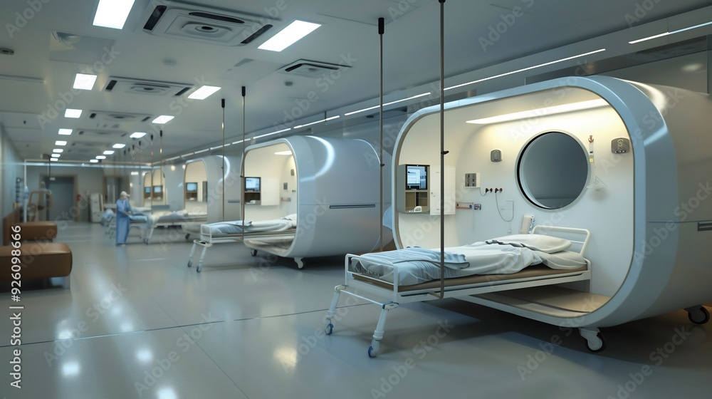 Futuristic Modular Treatment Pods in a Modern Hospital Futuristic Modular Treatment Pods in a Modern Hospital