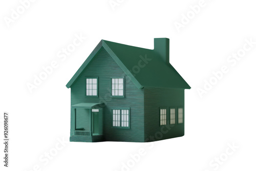 A green 3D model of a house with a pitched roof, windows, and a chimney, isolated on a transparent background.