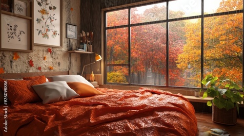 A bedroom with orange bedspread and a window overlooking the trees with rain inside , AI photo