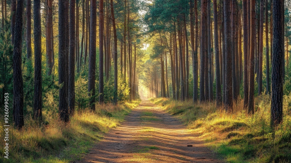 Forest path lined with tall pine trees, stretching into the distance, with sunlight filtering through the branches Forest path lined with tall pine trees, stretching into the distance, with sunlight filtering through the branches