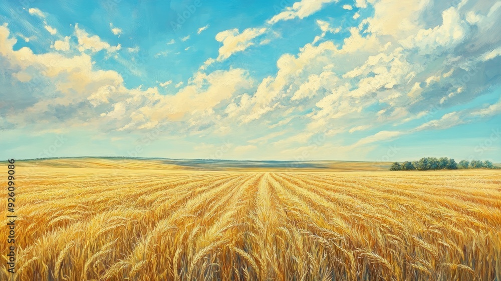 Obraz premium Golden fields of corn ready for harvest under a brilliant summer sky, with rows of stalks swaying in the breeze