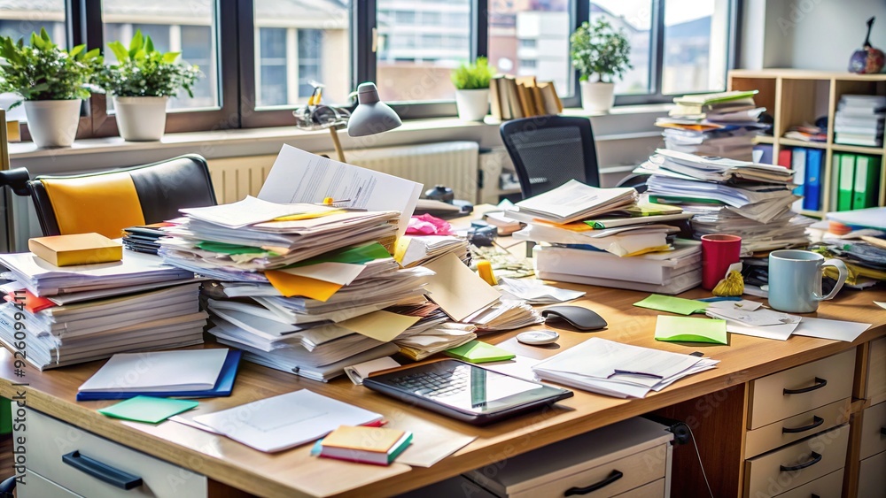 Cluttered office desk with endless paper spreads and handwritten notes needing clearance for productivity boost Cluttered office desk with endless paper spreads and handwritten notes needing clearance for productivity boost
