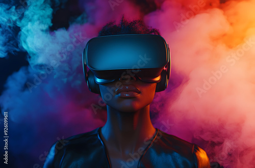 "A Black Woman Wearing a VR Headset with Colorful Smoke in the Background, Embracing Immersive Technology and Virtual Reality Experiences"