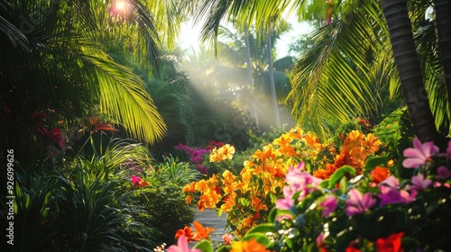 Lush tropical garden filled with vibrant flowers, palm trees, and sunlight filtering through the leaves