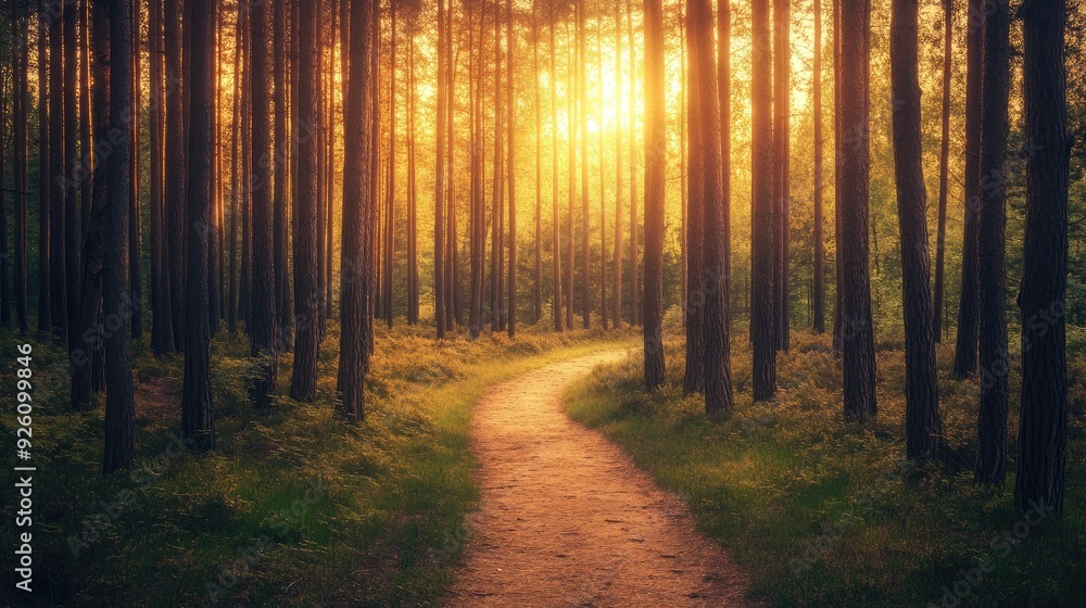 Path winding through a dense forest of tall, straight trees, with sunlight filtering through the leaves above Path winding through a dense forest of tall, straight trees, with sunlight filtering through the leaves above