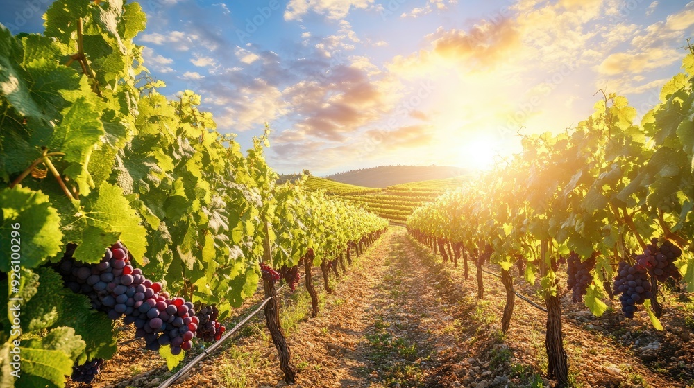 Naklejka premium Sun-drenched vineyard with rows of grapevines heavy with fruit, stretching out toward a bright blue sky