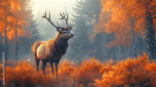 A regal stag stands amidst a tapestry of orange foliage, basking in the soft glow of fading daylight in a serene autumn forest