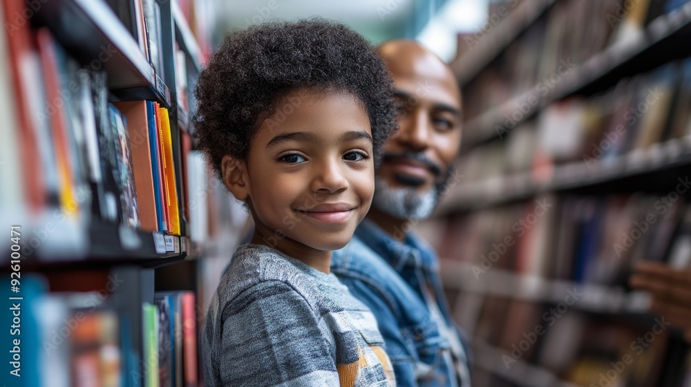 Happy boy and man in a library Happy boy and man in a library