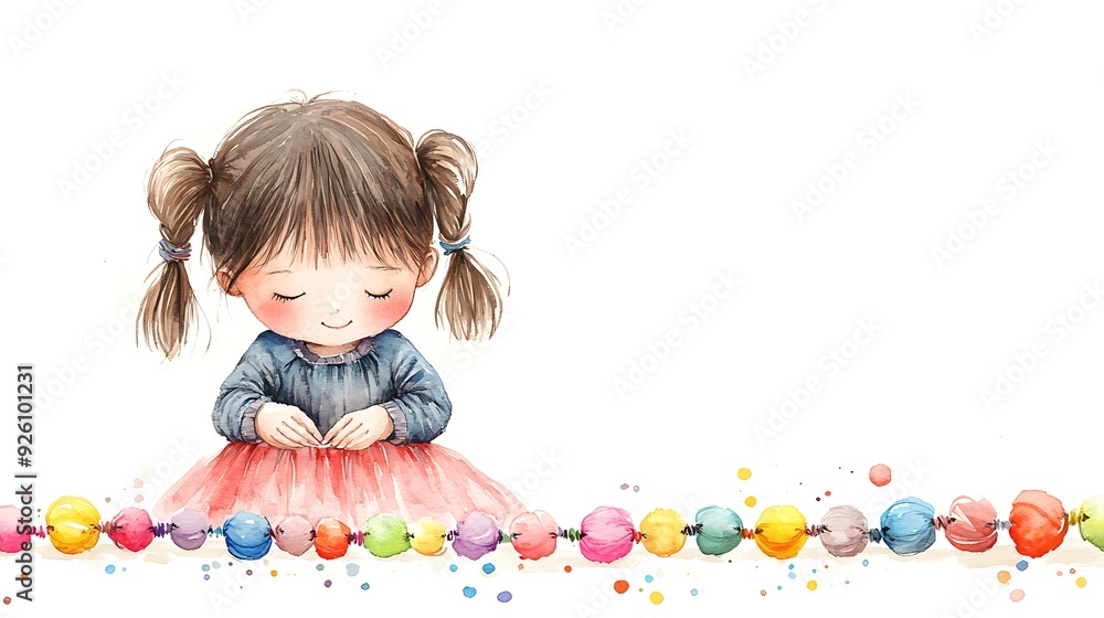 Watercolor illustration of a cute girl playing with colorful beads. Watercolor illustration of a cute girl playing with colorful beads.