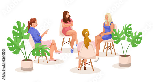 Five women are sitting on chairs in a circle, engaged in a discussion. This image represents a group discussion or meeting. Vector illustration