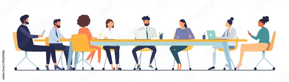 A diverse group of professionals engaged in a meeting at a long table, exchanging ideas and collaborating in a modern workspace. A diverse group of professionals engaged in a meeting at a long table, exchanging ideas and collaborating in a modern workspace.