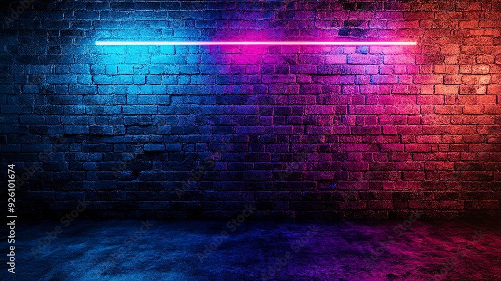 Neon lights on old grunge brick wall room background. Generative ai Neon lights on old grunge brick wall room background. Generative ai