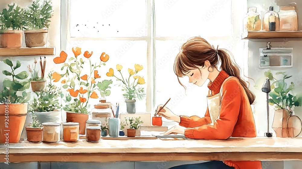 Woman Painting by Window in Watercolor Style. Woman Painting by Window in Watercolor Style.
